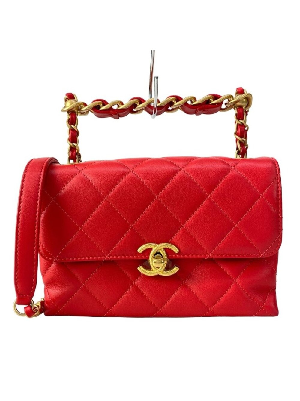 Chanel Shoulder Bag Mini Quilted Red Matte Gold Chain 2-Way Lambskin